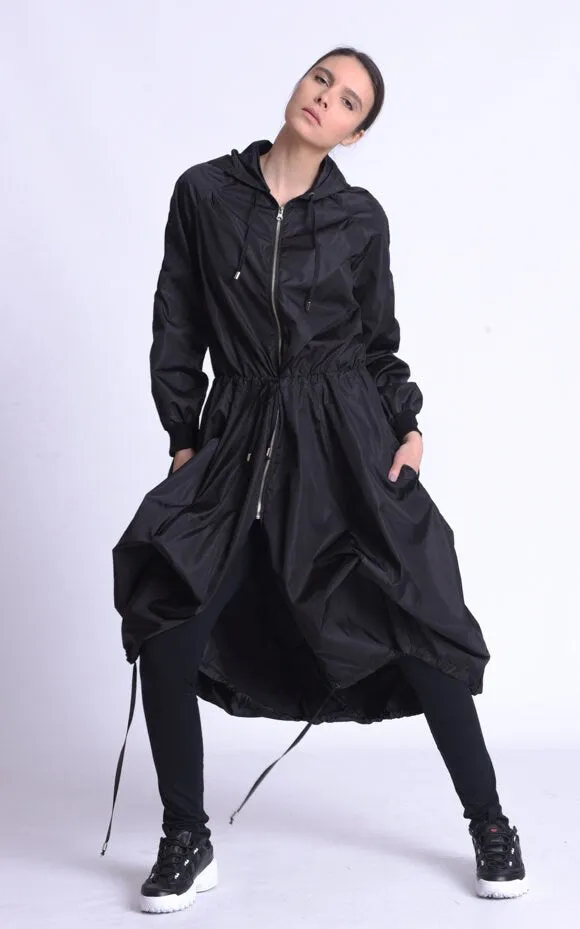 Black Asymmetric Hooded Raincoat