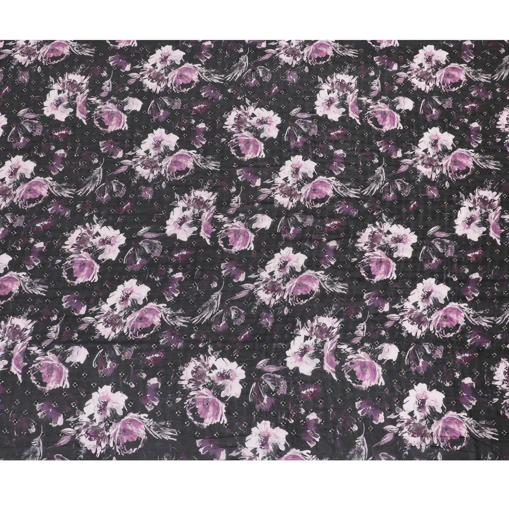 Black synthetic chiffon fabric with with plum and light pink print having gold sequin embroidery in floral design-D15439