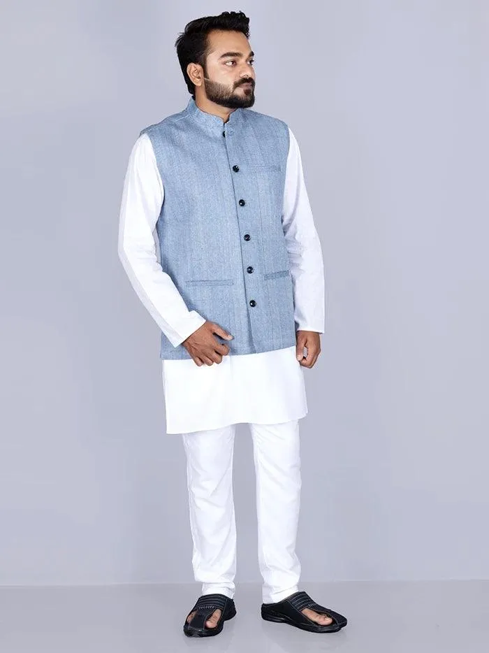 Blue & White Handwoven Cotton Modi Jacket