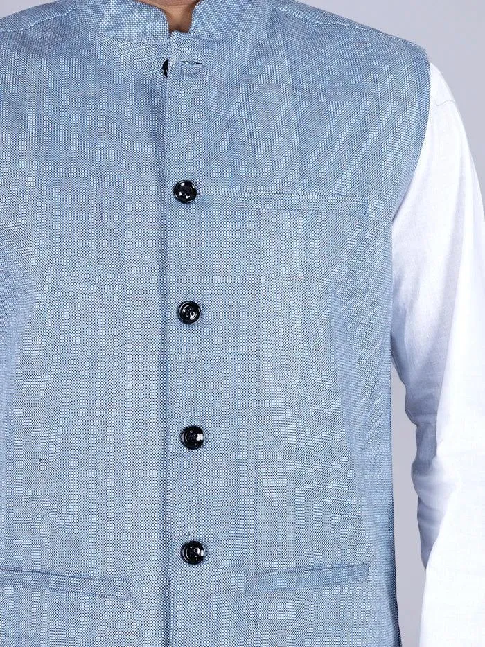 Blue & White Handwoven Cotton Modi Jacket