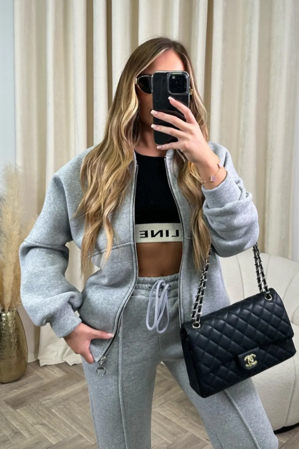 Camille grey bomber jacket and straight leg jogger loungewear