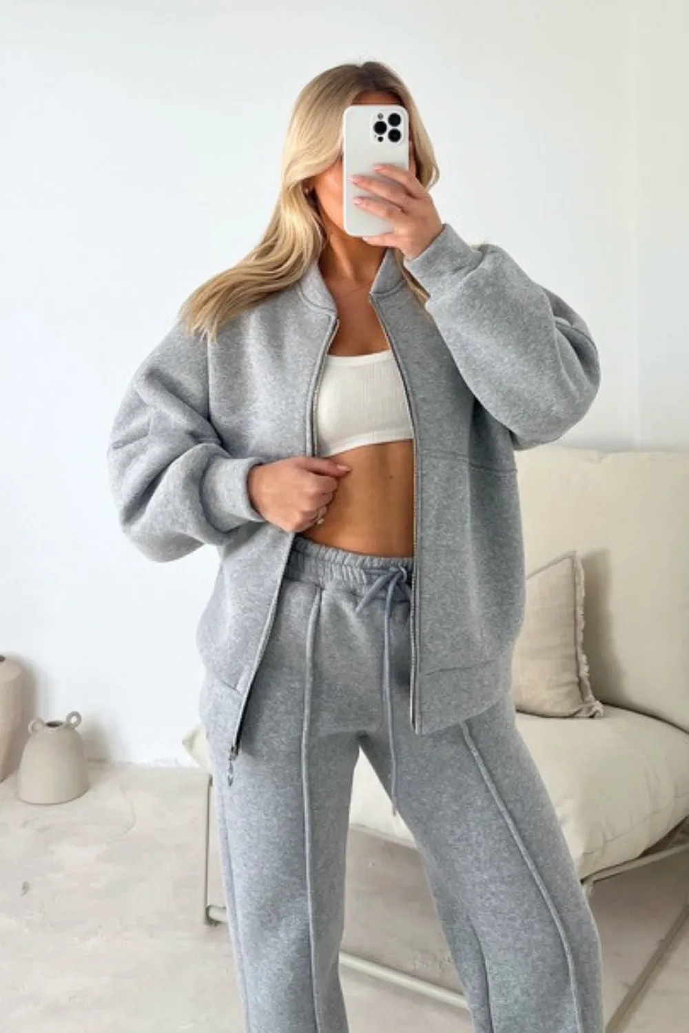 Camille grey bomber jacket and straight leg jogger loungewear