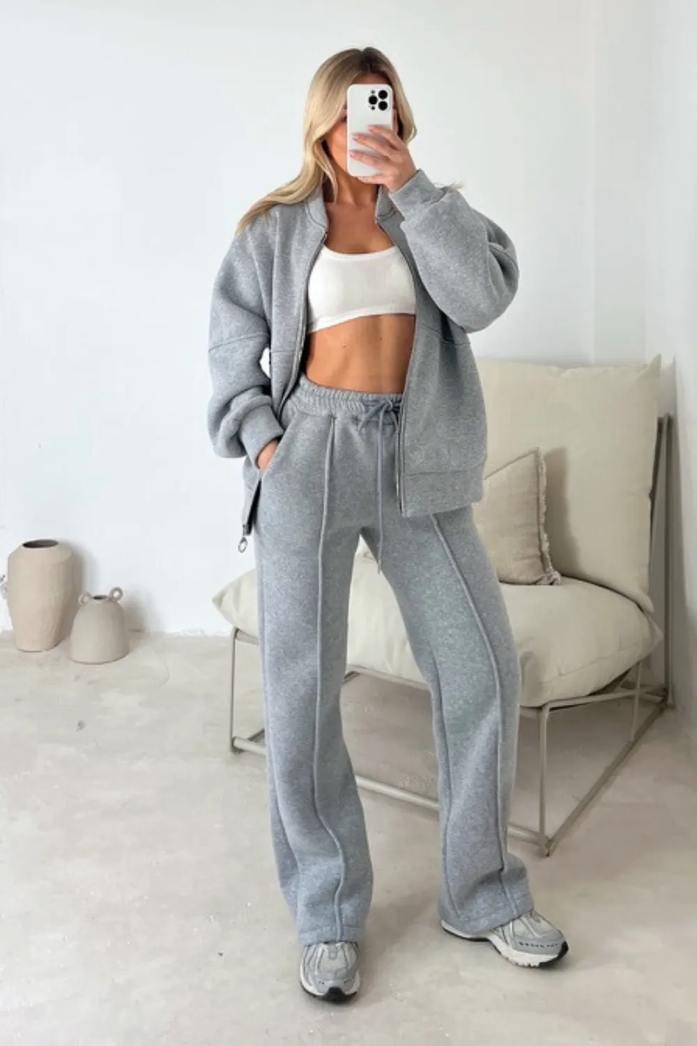 Camille grey bomber jacket and straight leg jogger loungewear