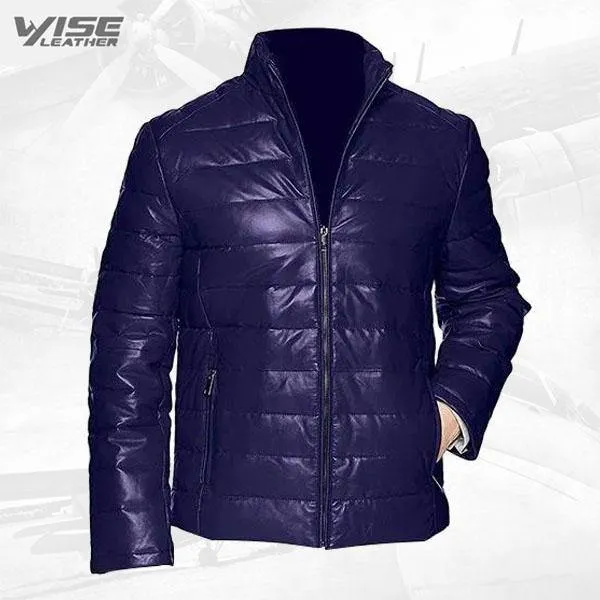 Dark Blue Leather Puffer Jacket with Packable Down