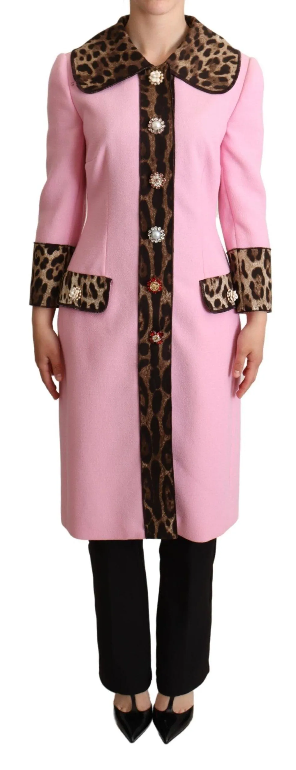 Dolce & Gabbana Pink Leopard Wool Trenchcoat Jacket