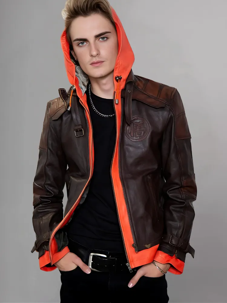 Gokuu Dragon Ball Z Orange Hooded leather Jacket