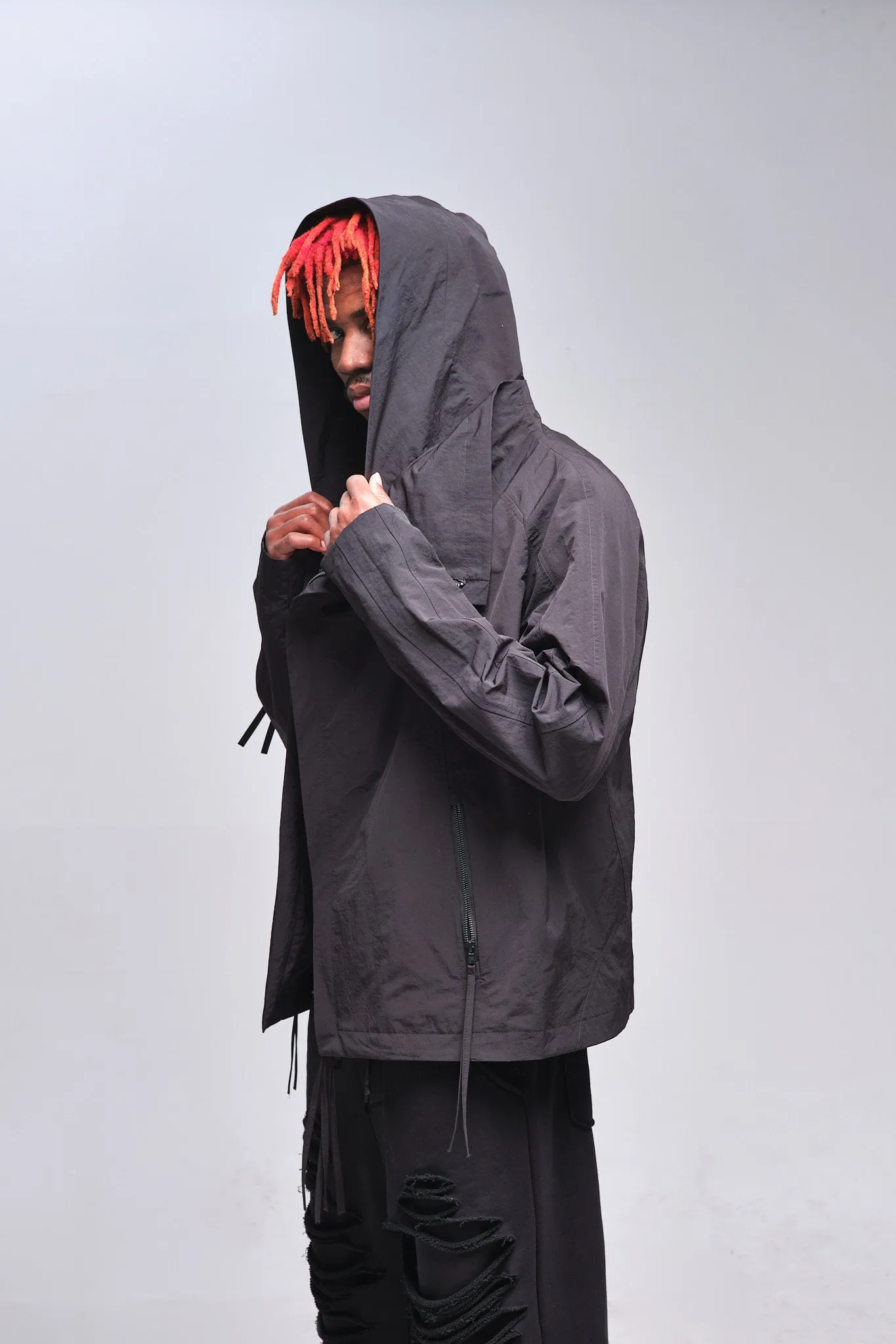 High-Neck Asymmetric Jacket With Hood