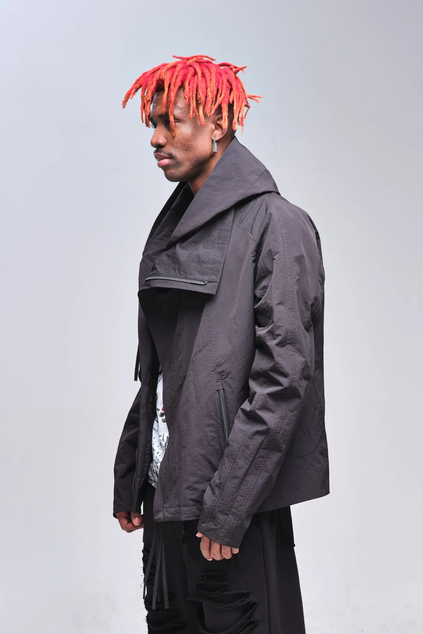 High-Neck Asymmetric Jacket With Hood