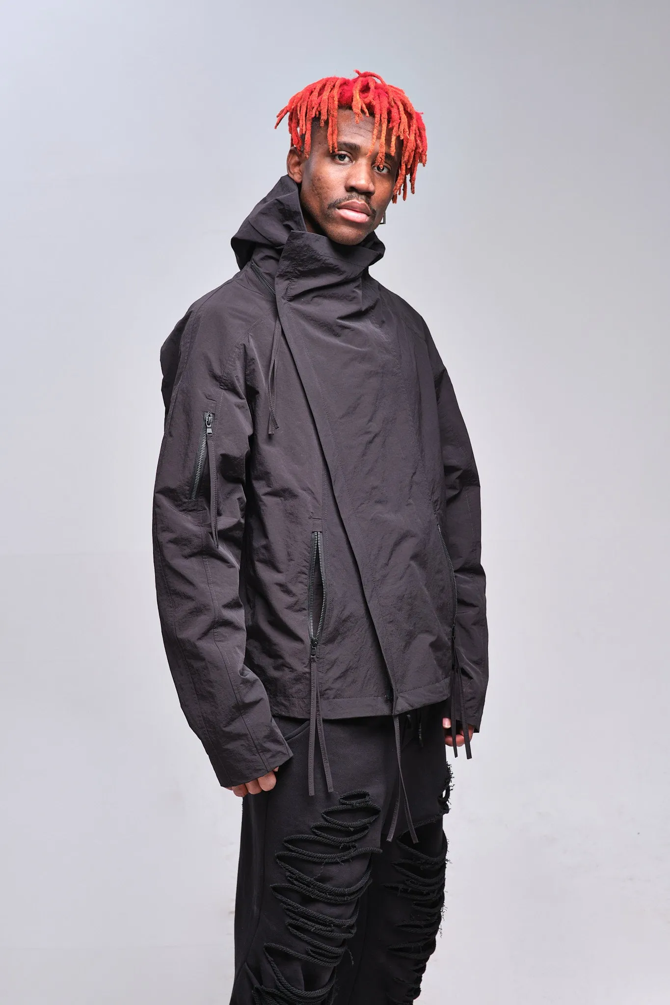 High-Neck Asymmetric Jacket With Hood