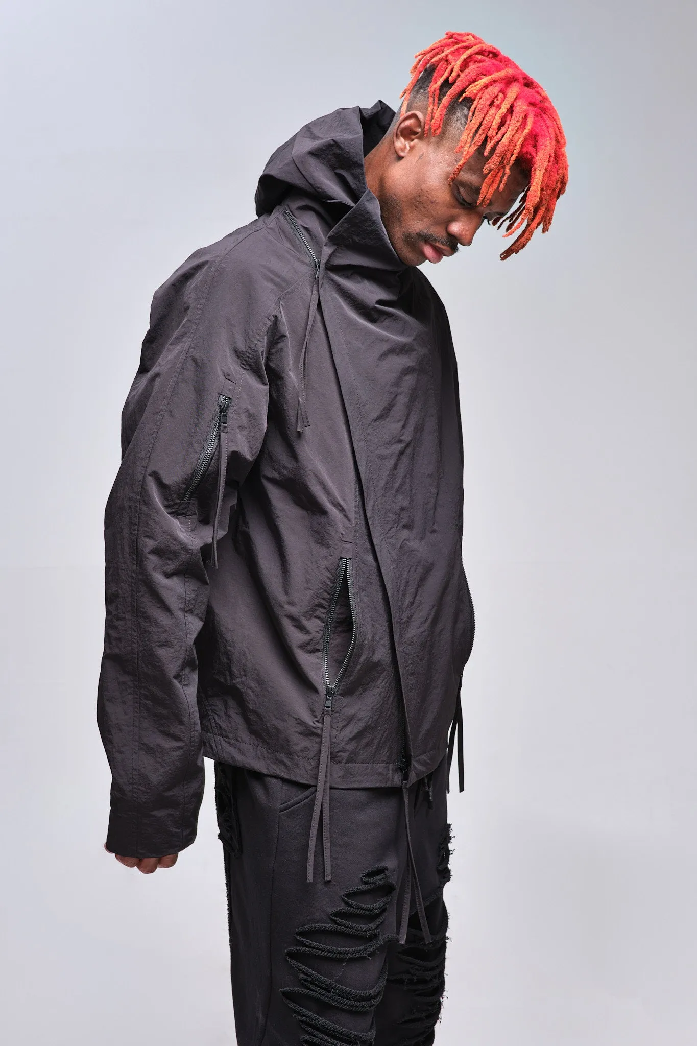 High-Neck Asymmetric Jacket With Hood