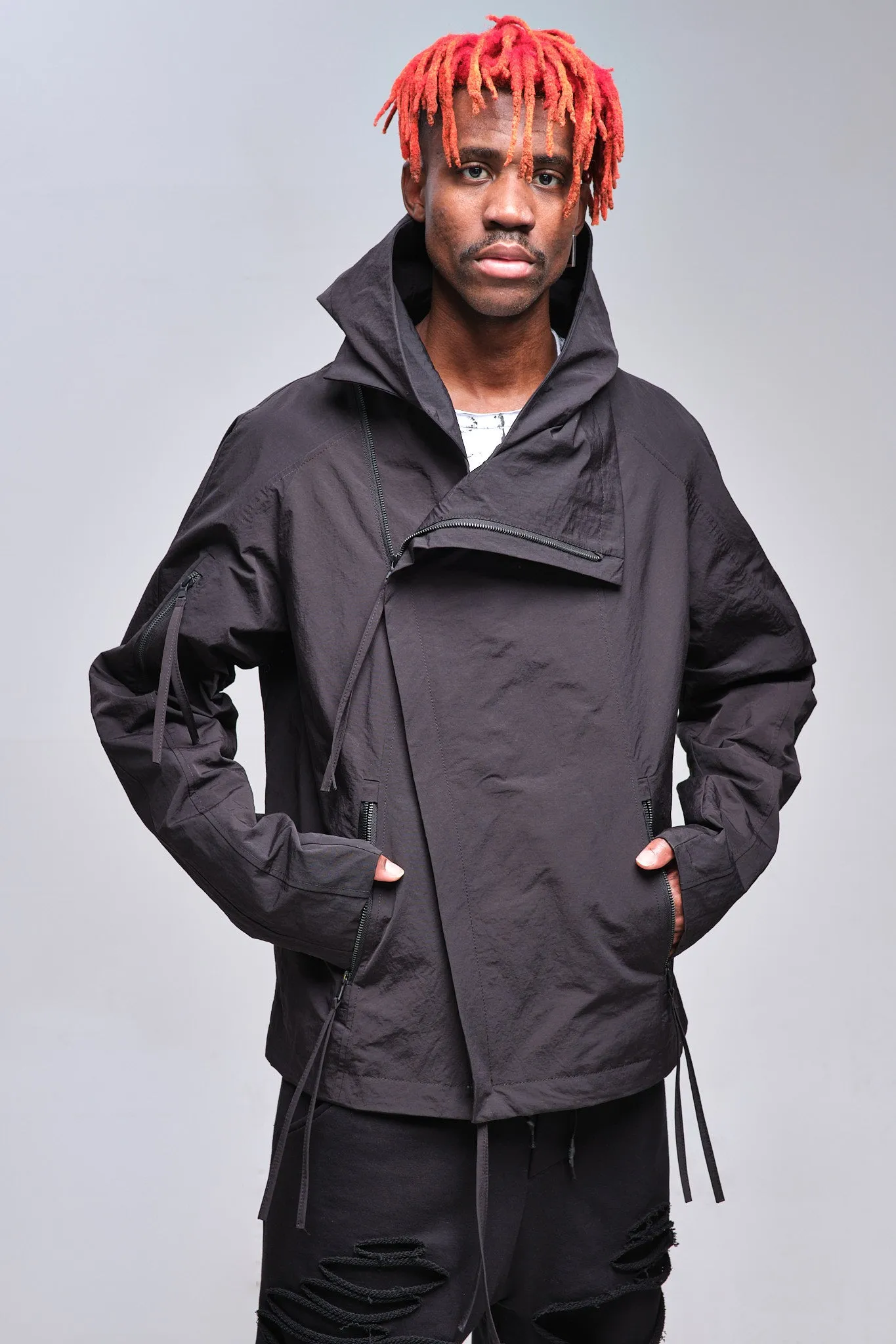 High-Neck Asymmetric Jacket With Hood