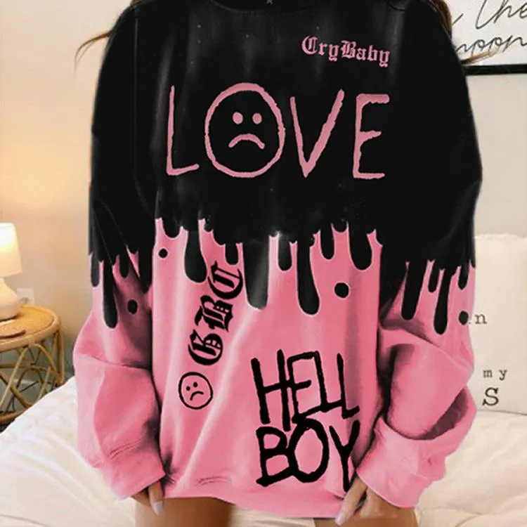 Large size long-sleeved women's round neck tie-dye printed blouse hot-selling graffiti loose jacket