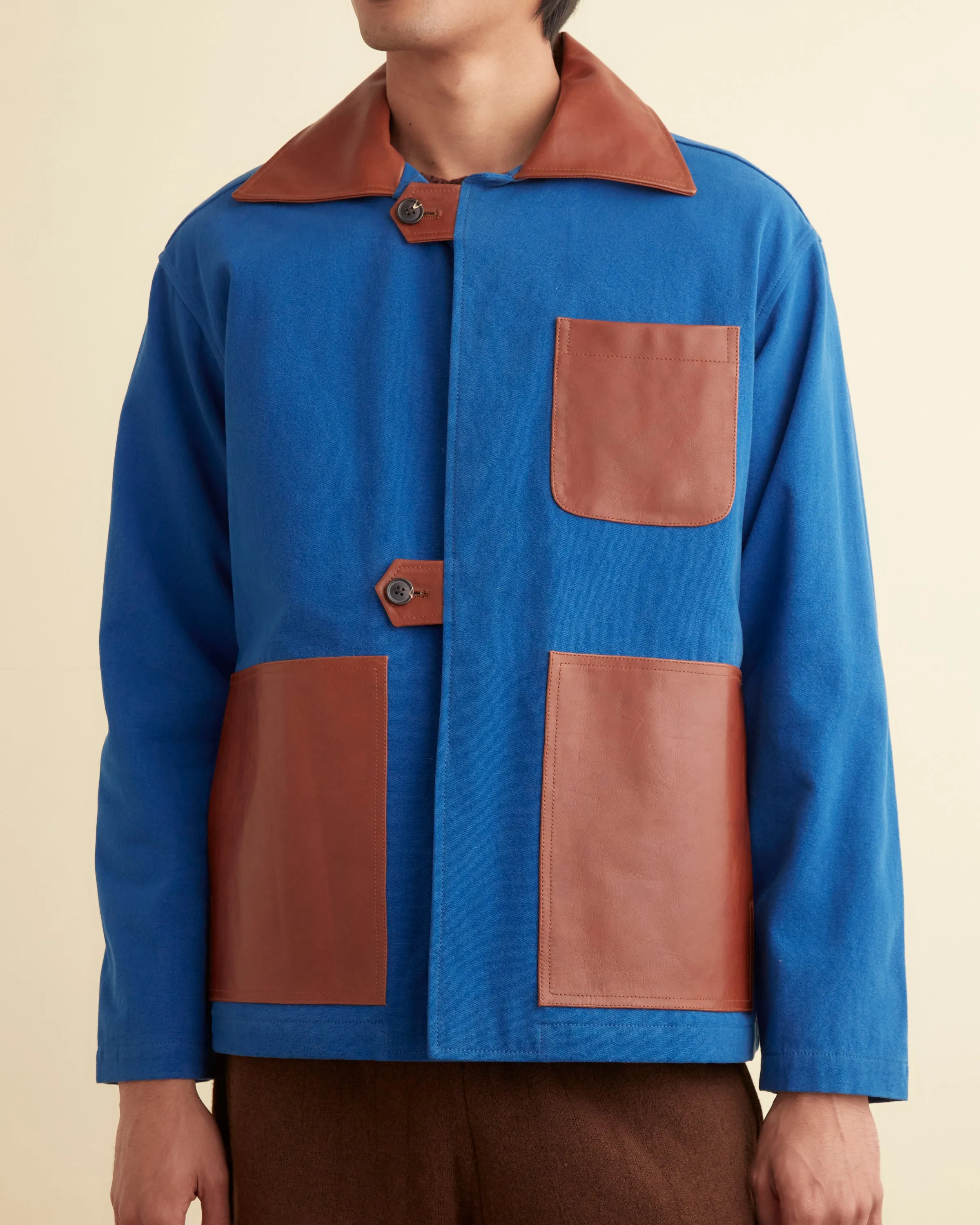 Leather Tab Jacket - Tan/Blue