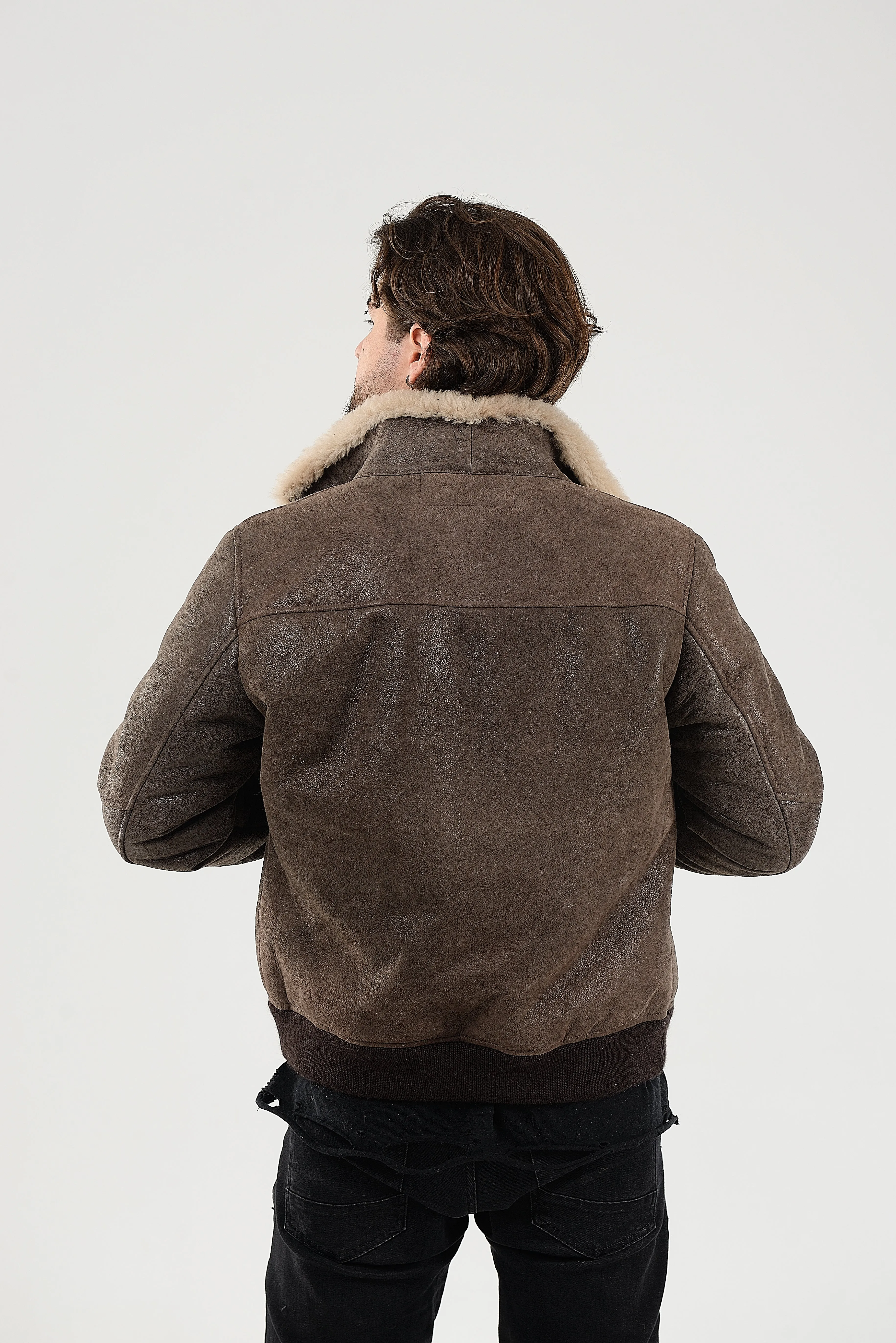 Lightweight Real Shearling Sheepskin Leather Mens Jacket in Khaki Color