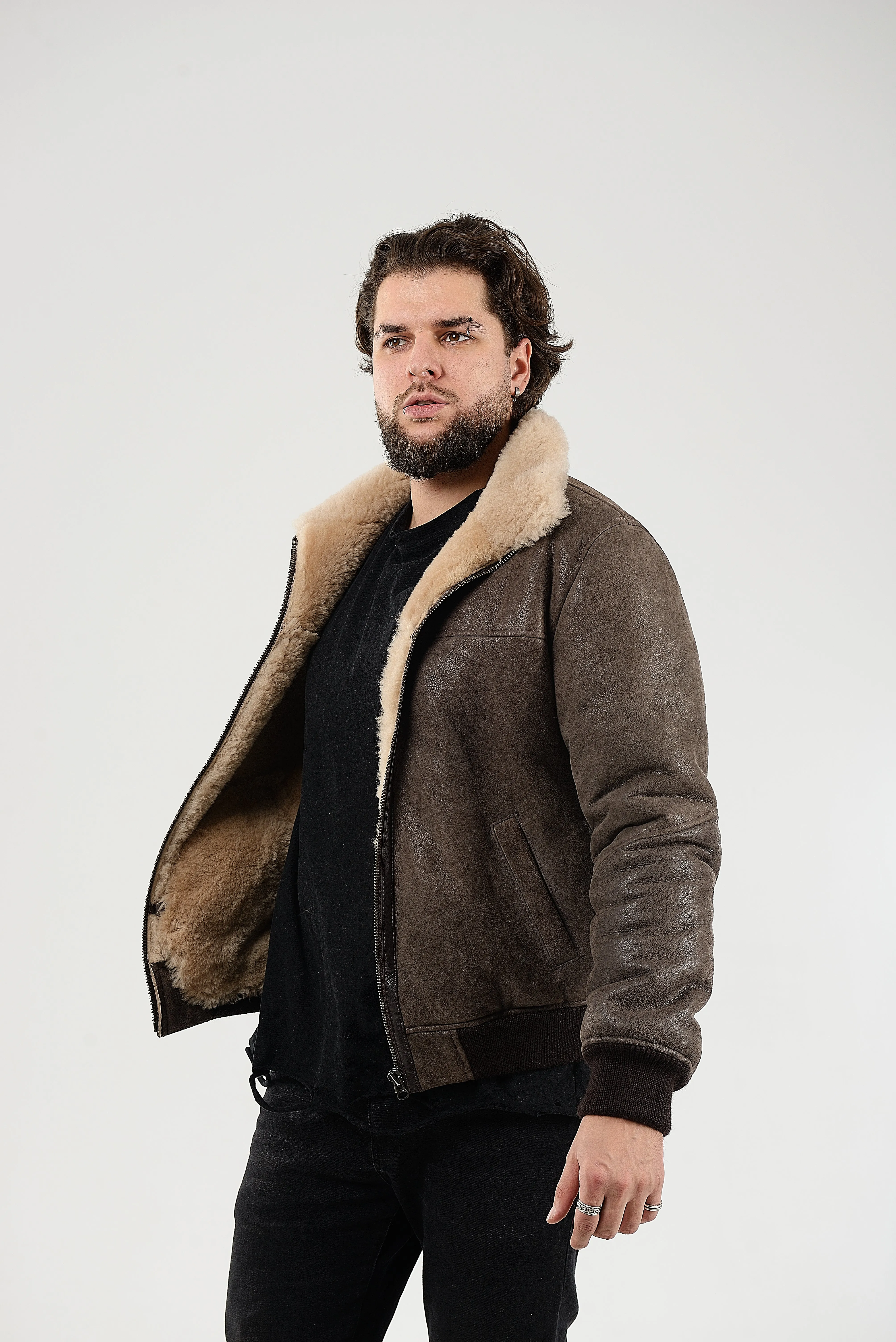 Lightweight Real Shearling Sheepskin Leather Mens Jacket in Khaki Color