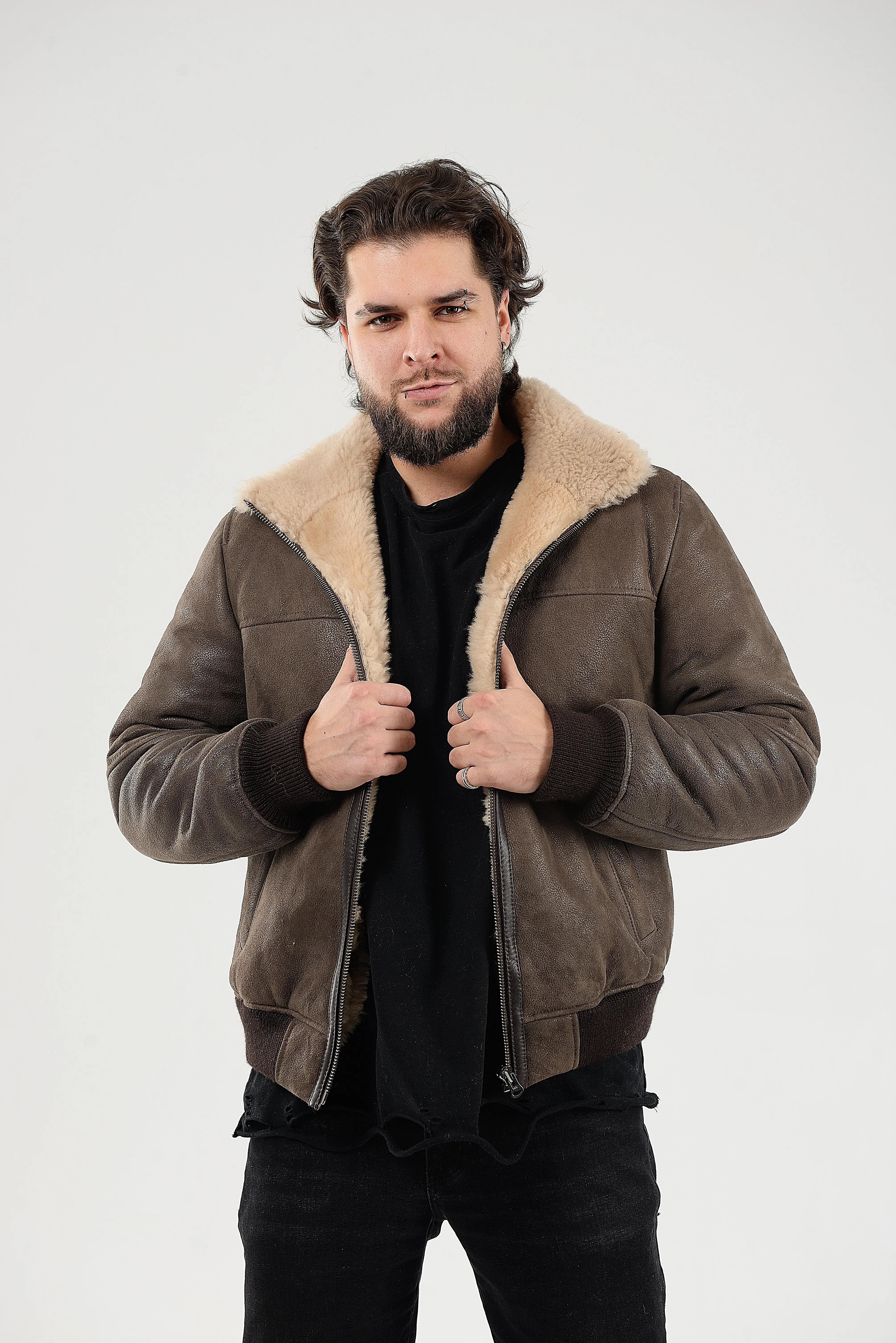 Lightweight Real Shearling Sheepskin Leather Mens Jacket in Khaki Color