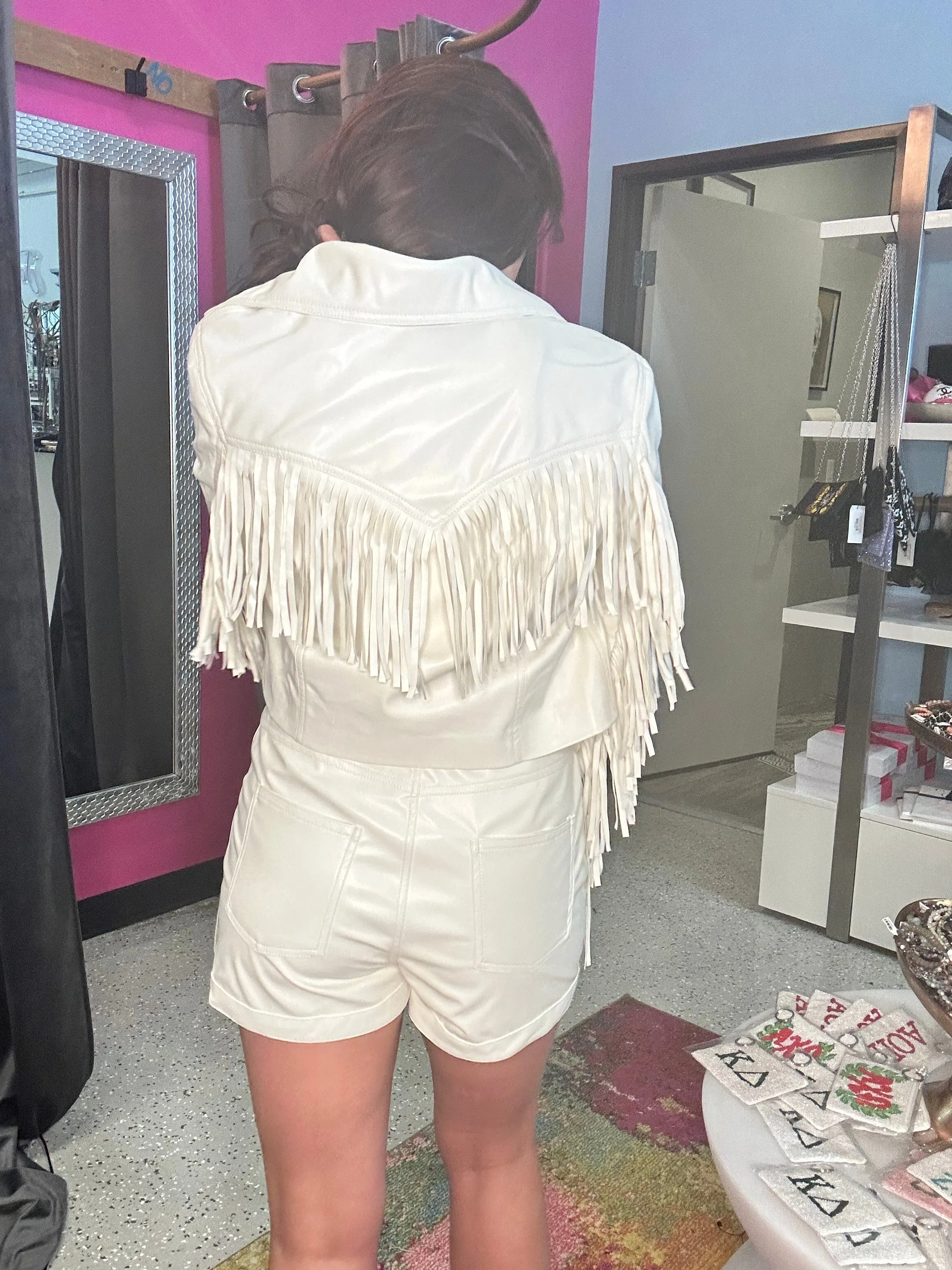 Line and Dot White Fringe Jacket