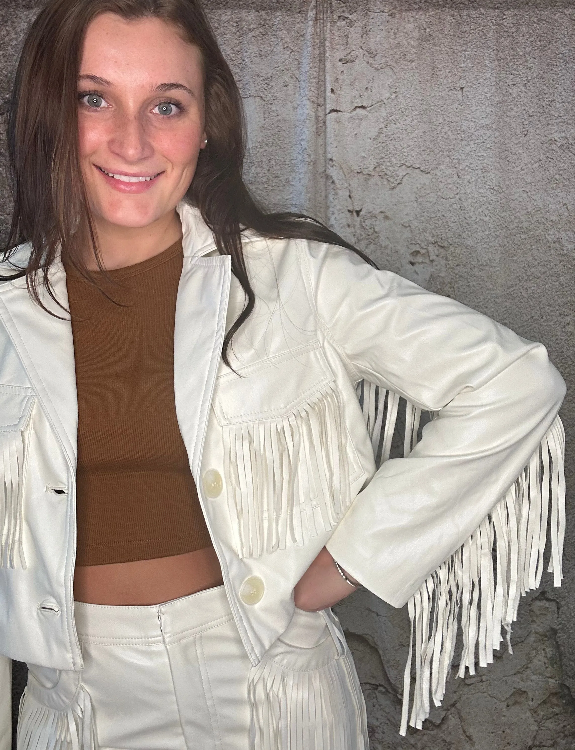 Line and Dot White Fringe Jacket