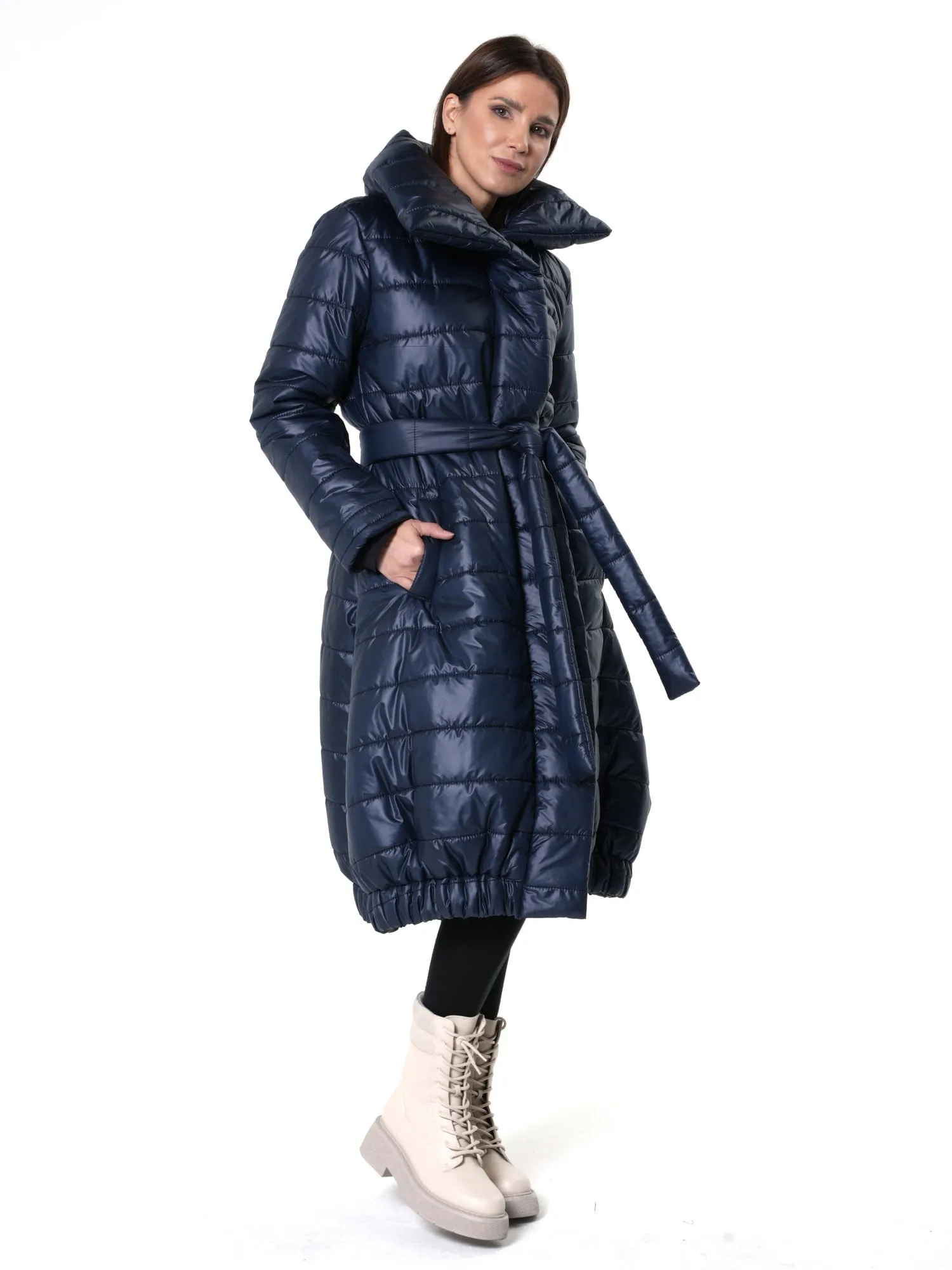 Long Belted Puffer Coat In Blue