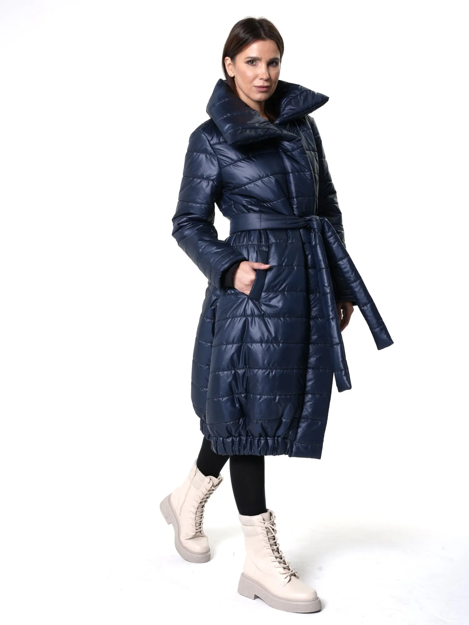 Long Belted Puffer Coat In Blue