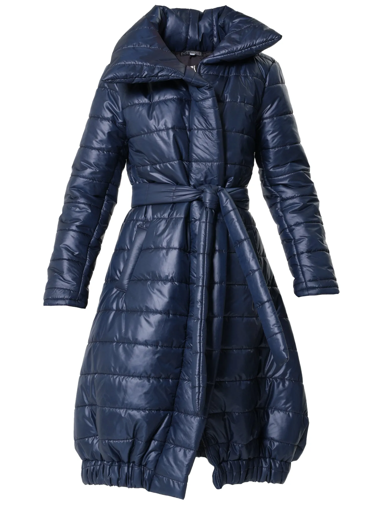 Long Belted Puffer Coat In Blue