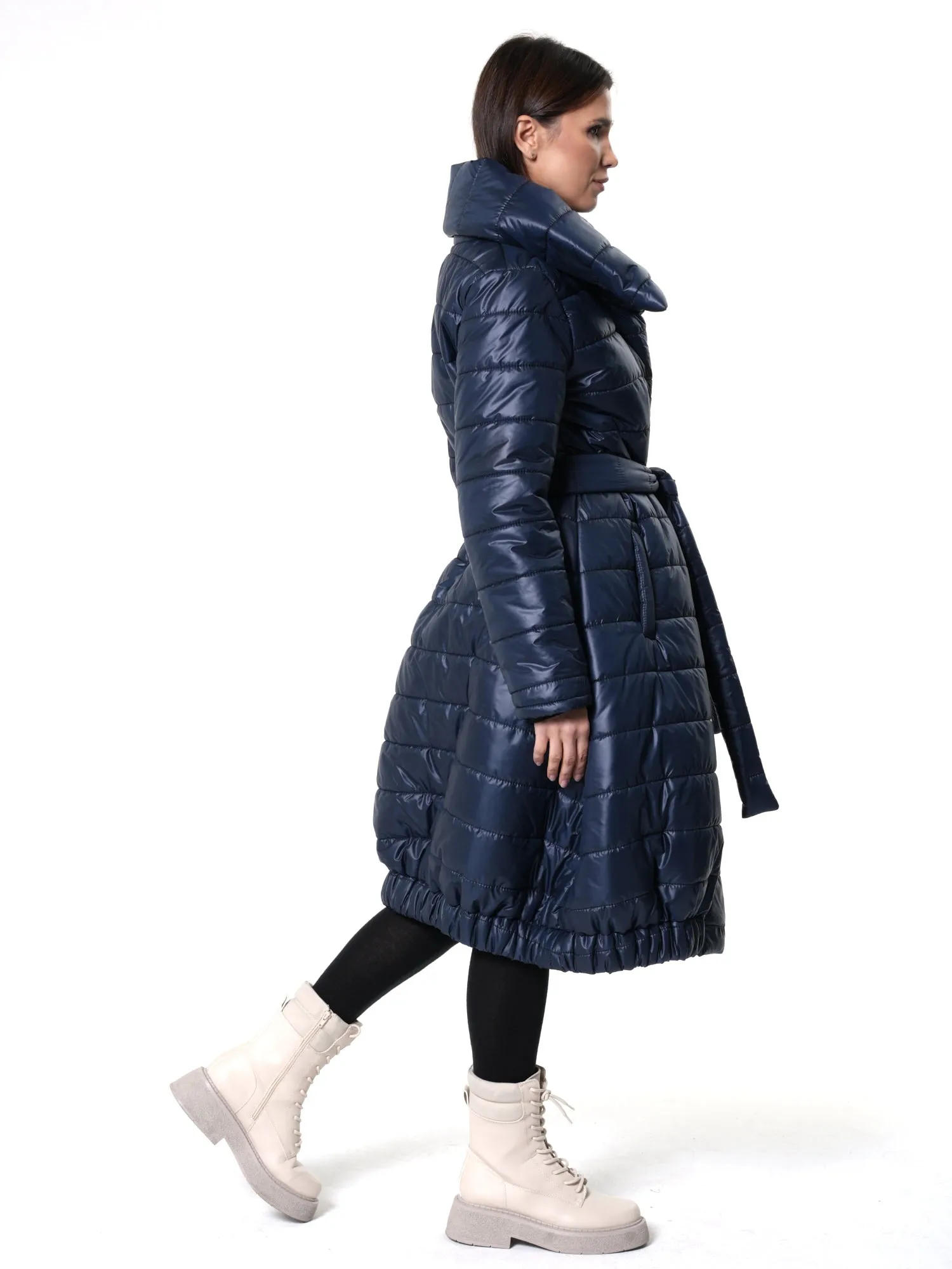 Long Belted Puffer Coat In Blue