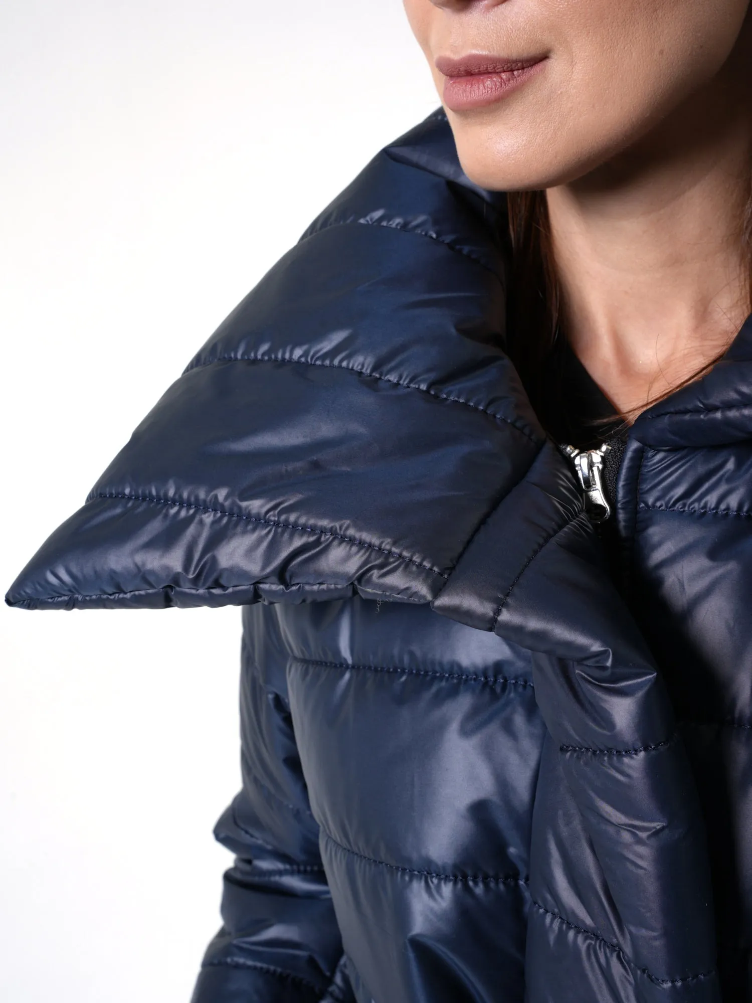 Long Belted Puffer Coat In Blue