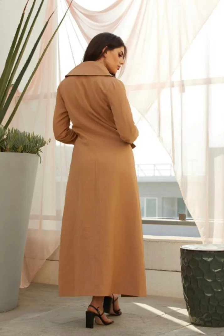 Long Coat With Gold Buckle Detail - Mocha