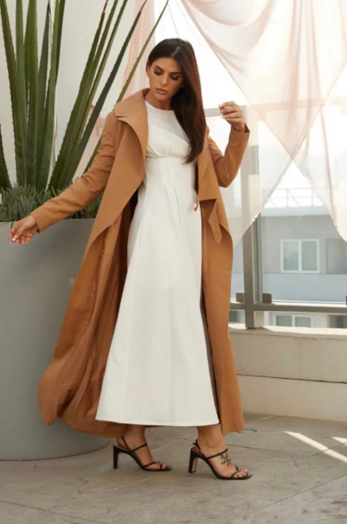 Long Coat With Gold Buckle Detail - Mocha