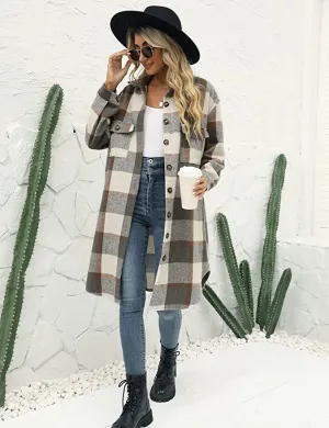 Long Flannel Plaid Coat For Women