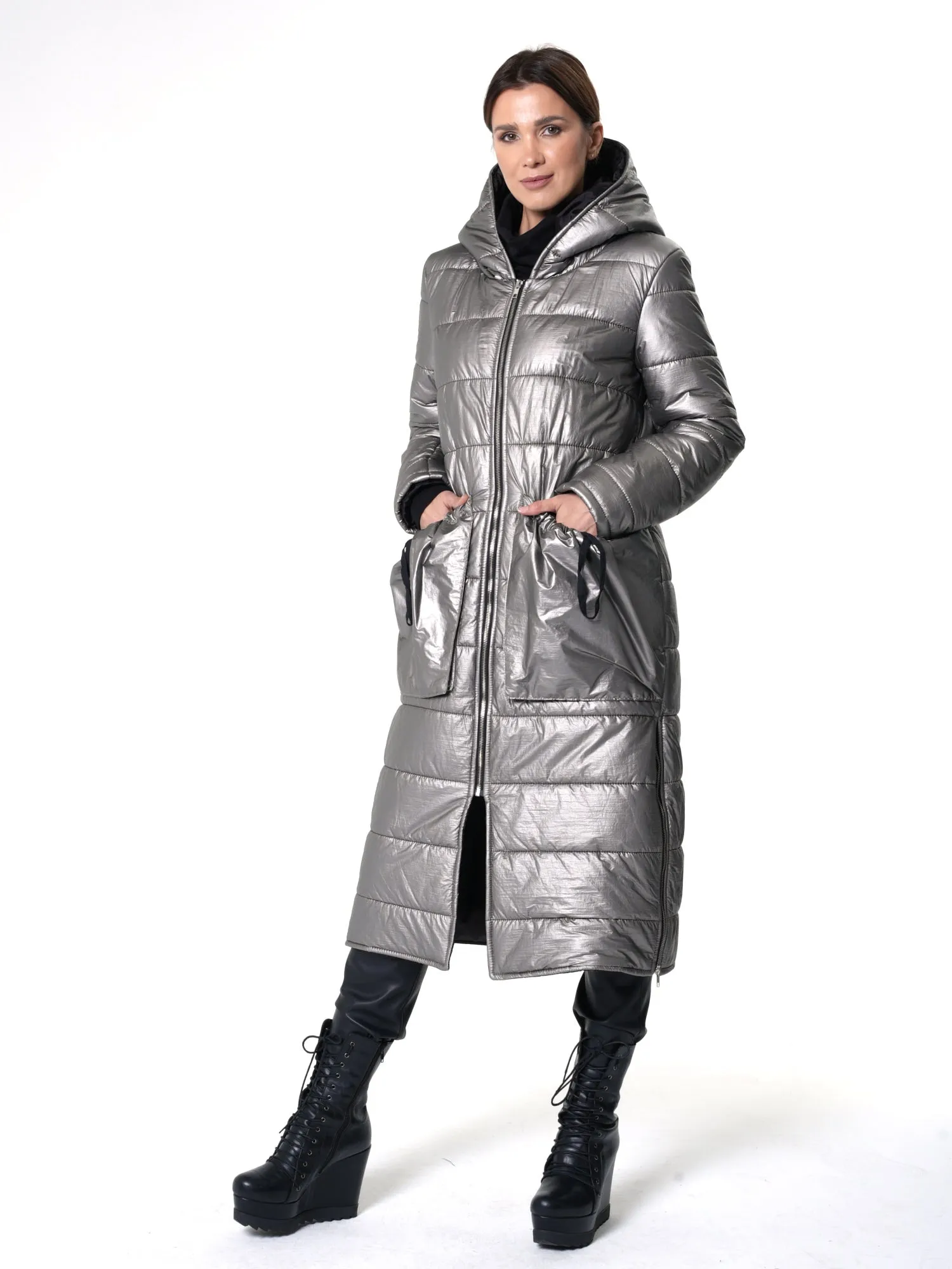 Long Silver Puffer Jacket With Oversize Pockets