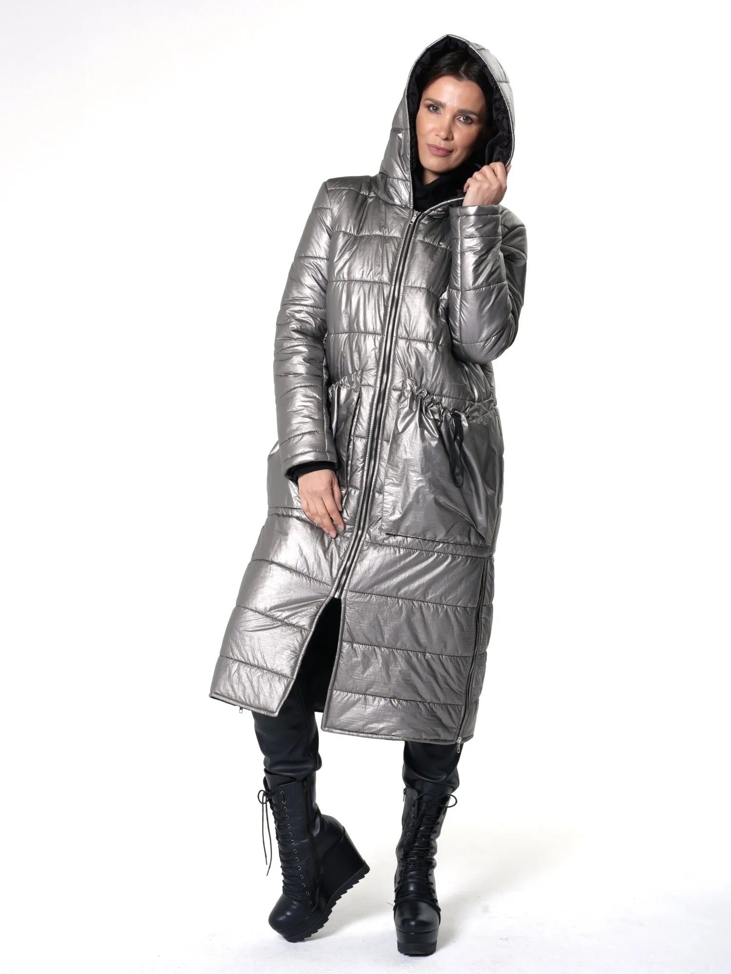 Long Silver Puffer Jacket With Oversize Pockets