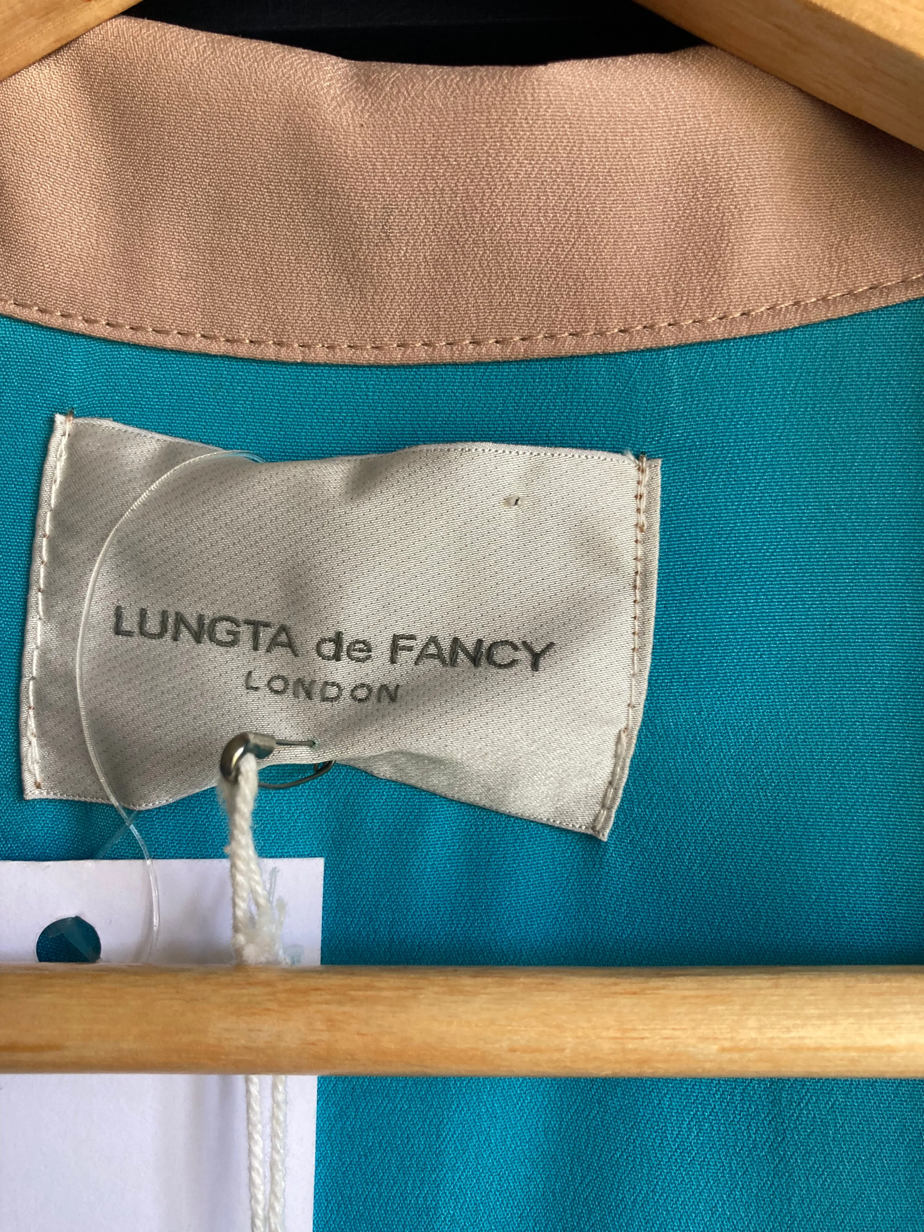 Lungta De Fancy Silk Taupe And Turquoise Long Sleeved Coat UK Size 8