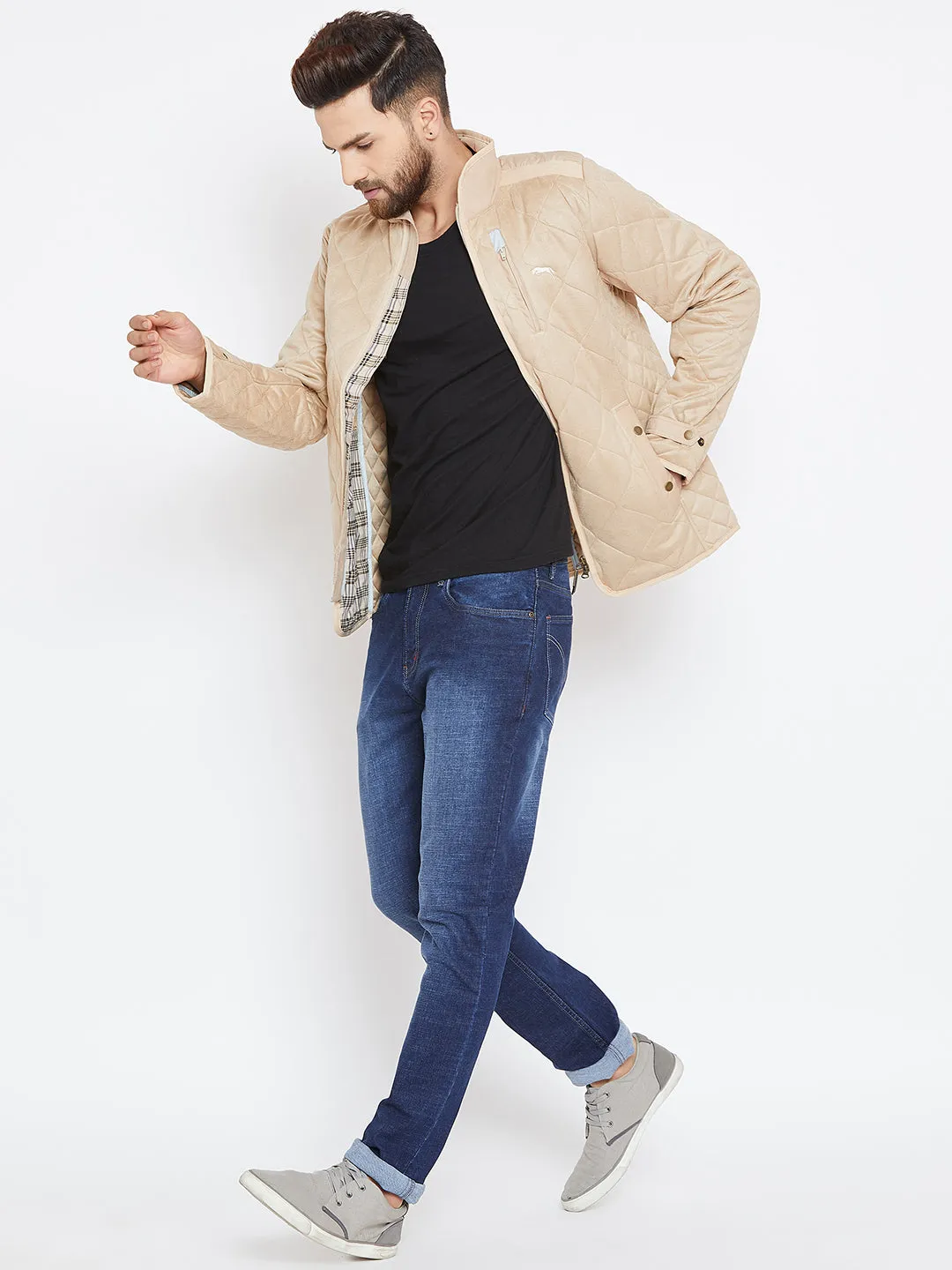 Men Beige Solid Quilted Jacket