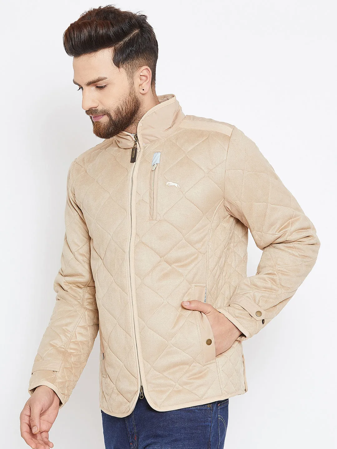 Men Beige Solid Quilted Jacket