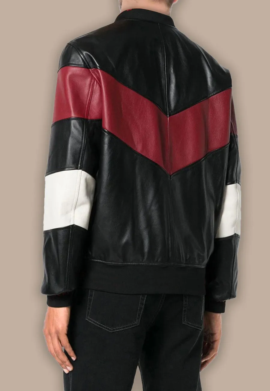 Men's Black Leather Bomber Jacket with Red White Stripes