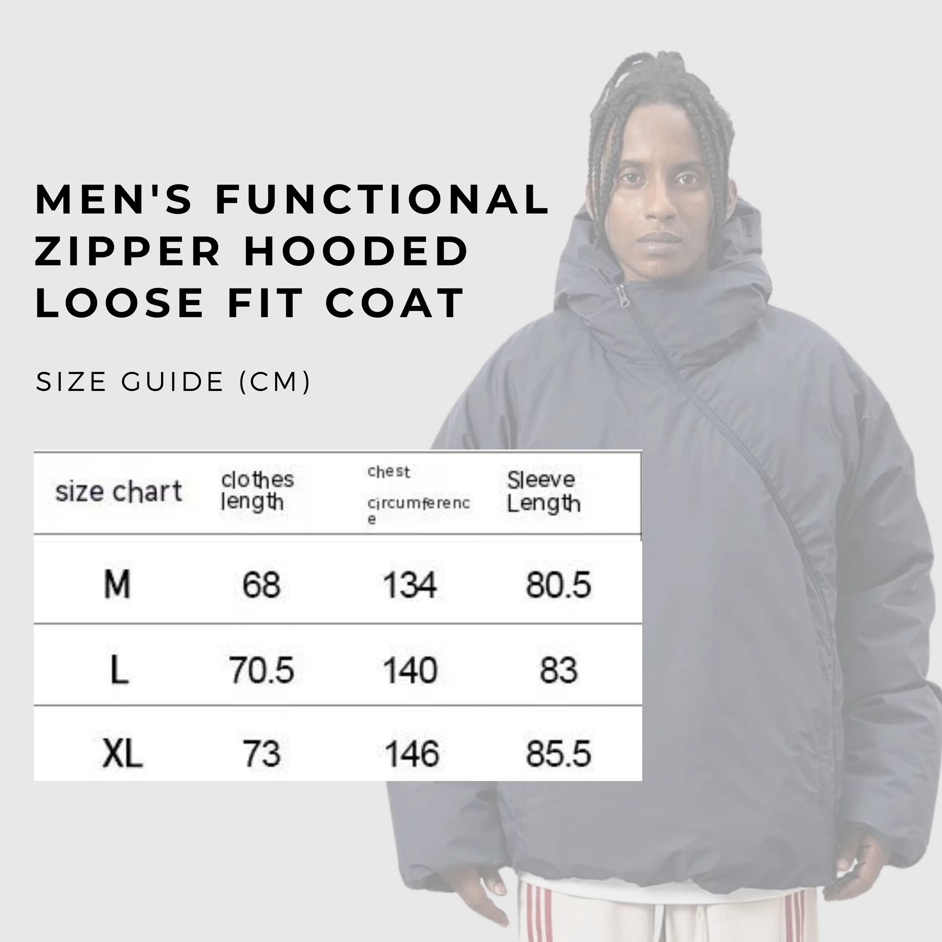 Men's Functional Oblique Zipper Hooded Loose Fit Coat