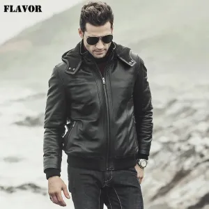 Men's Hooded Sheepskin Leather Motorcycle Jacket