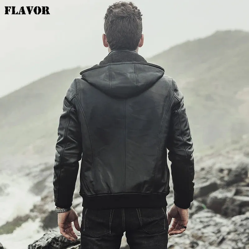 Men's Hooded Sheepskin Leather Motorcycle Jacket