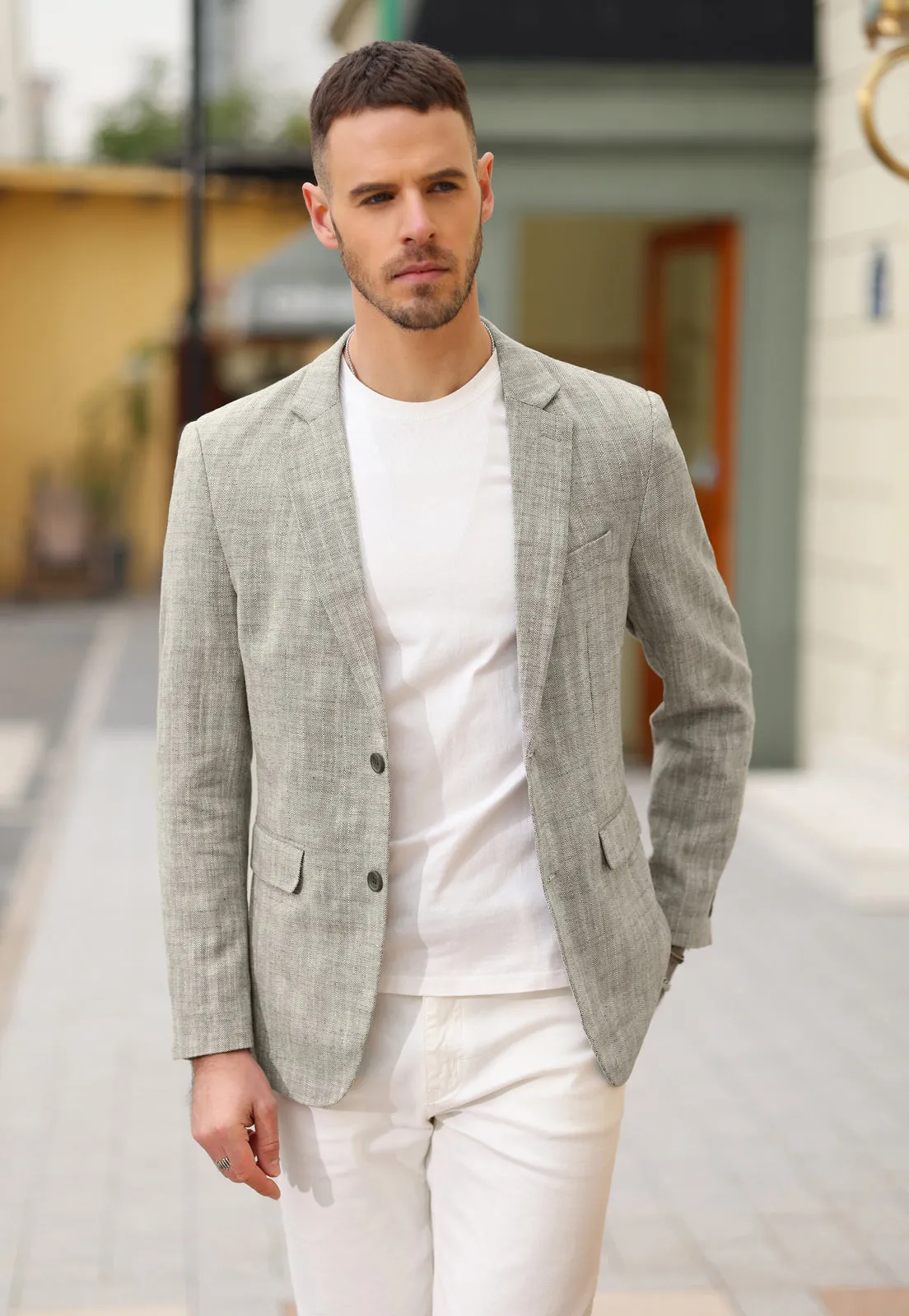 Men's Slim Fit Lightweight Linen Jacket Tailored Two Button Blazer Sport Coat