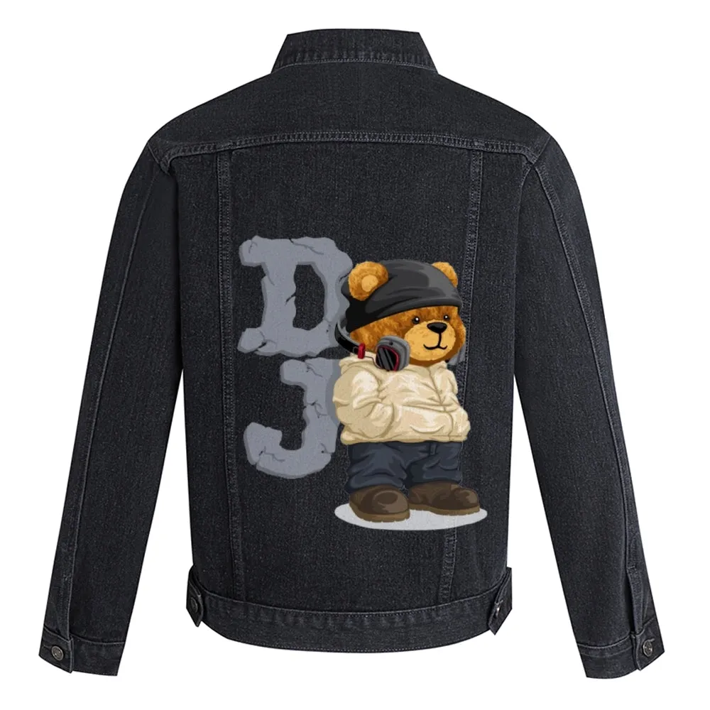 Mens Vintage Cartoon Cute DJ Bear Prints Denim Jacket