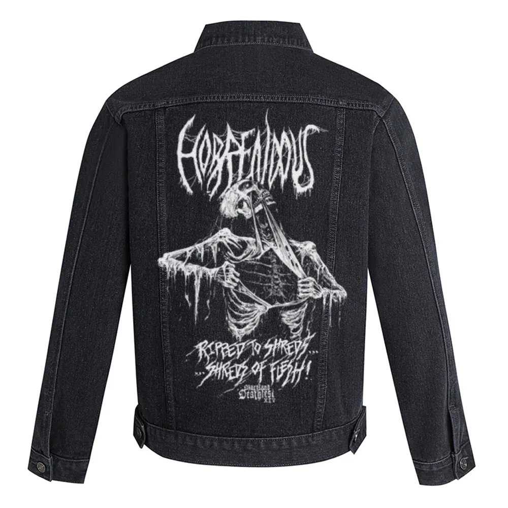 Mens Vintage Gothic Skeleton Graphic Button Up Denim Jacket