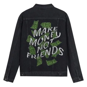 Mens Vintage MAKE MANEY NO FRIENDS Letter Graphic Denim Jacket