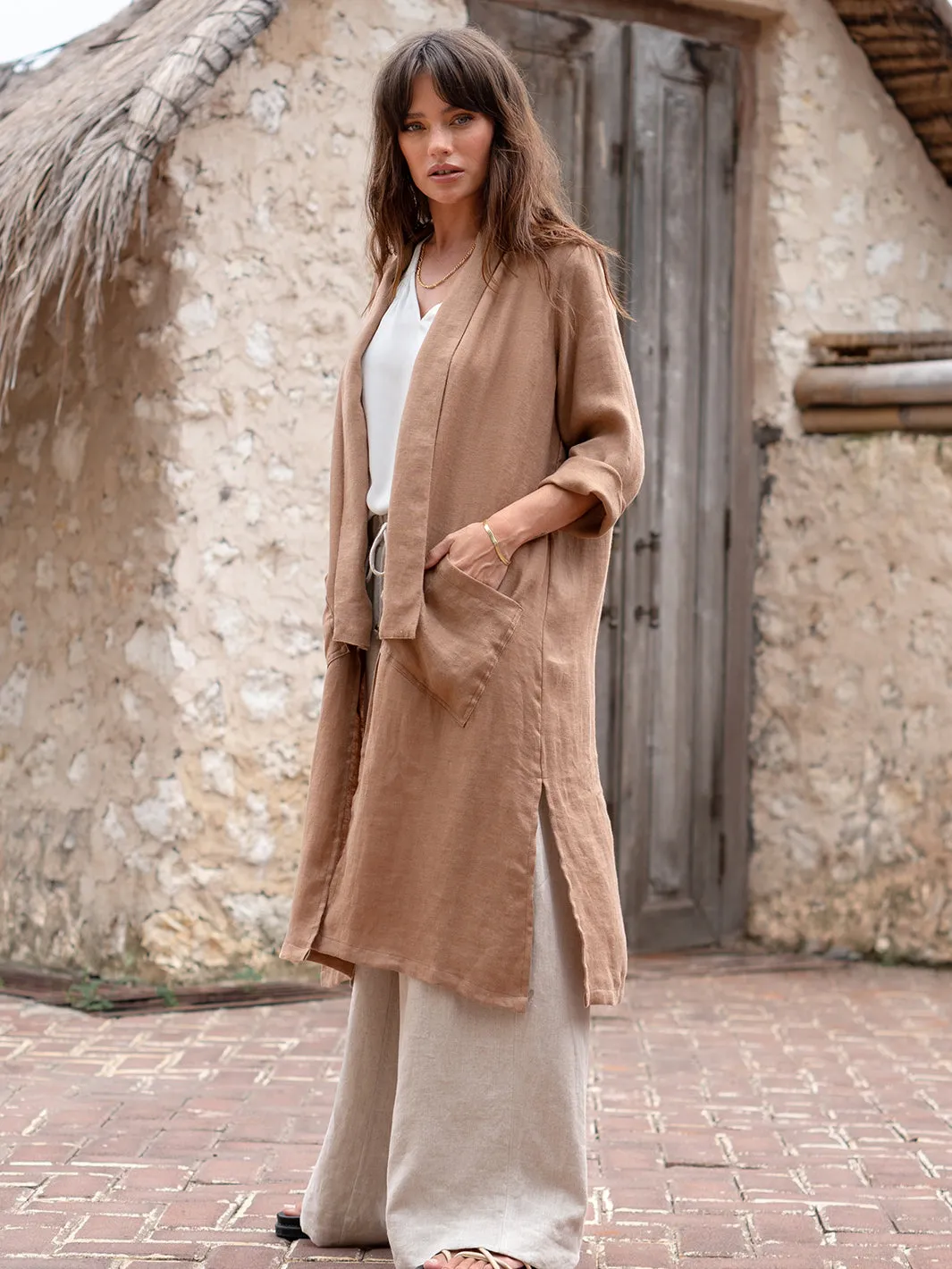 Nova Longline Linen Coat Desert Sand