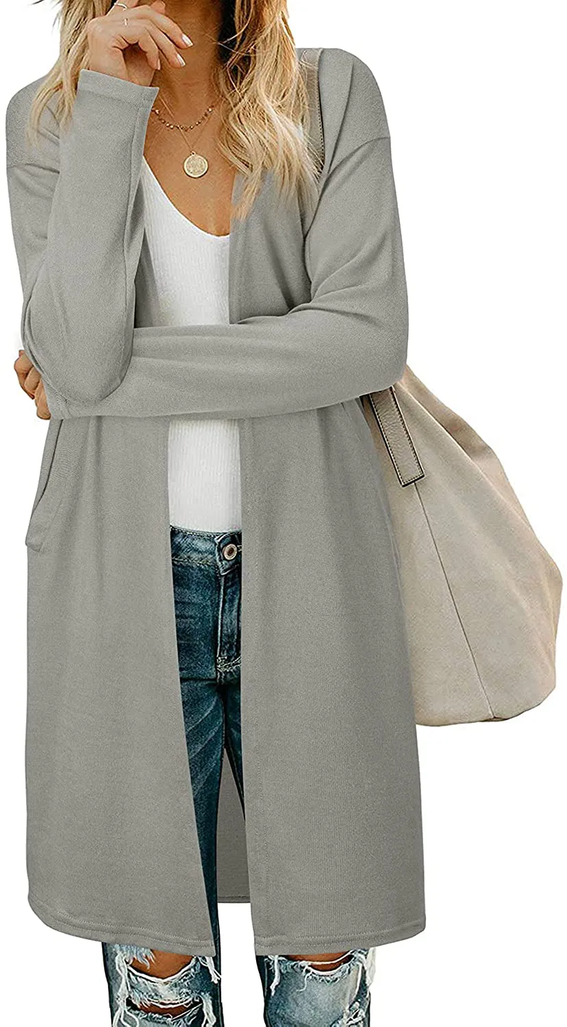 OUGES Women's Open Front Cardigan Shirt with Pockets Long Sleeve Lightweight Coat