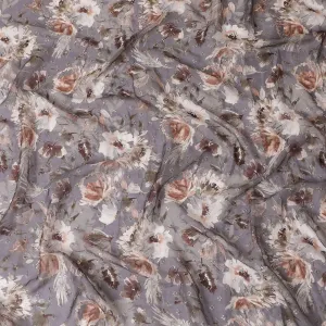 Pale brown synthetic chiffon fabric with off white, brown print having gold sequin embroidery in floral design-D15440