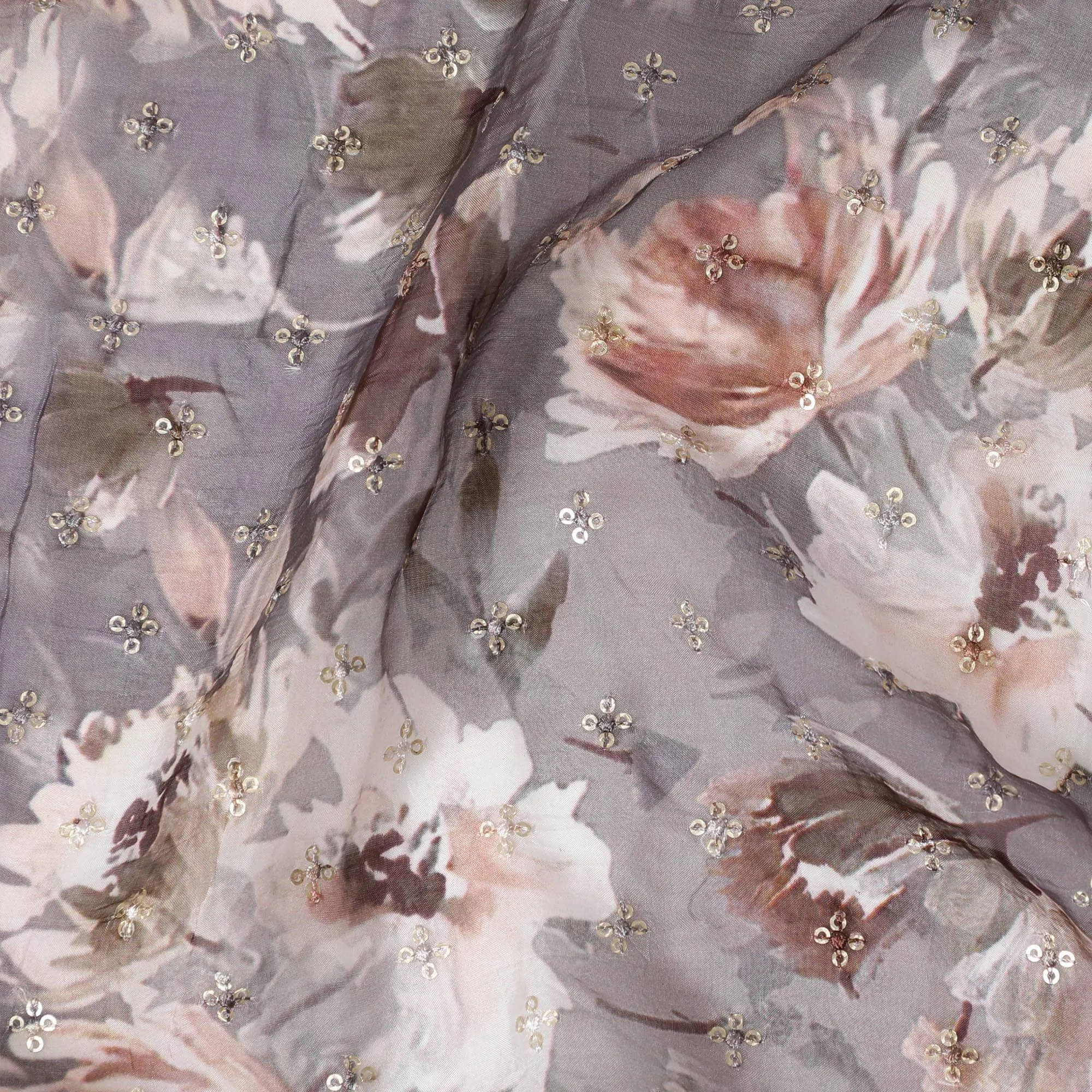 Pale brown synthetic chiffon fabric with off white, brown print having gold sequin embroidery in floral design-D15440