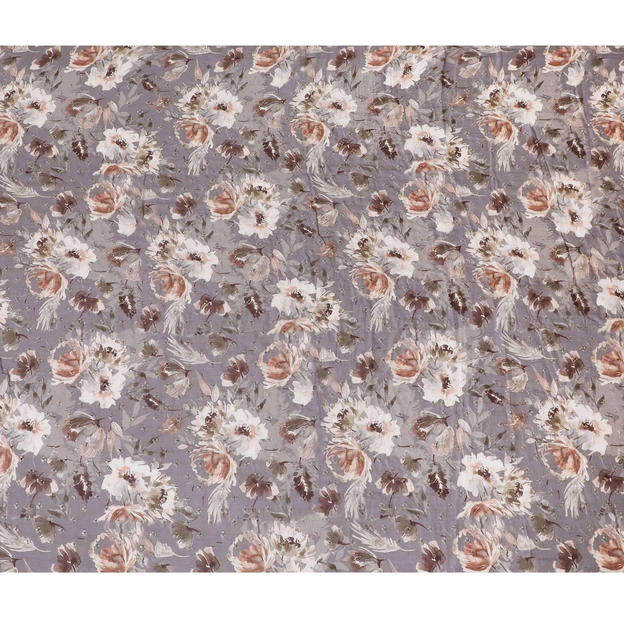 Pale brown synthetic chiffon fabric with off white, brown print having gold sequin embroidery in floral design-D15440