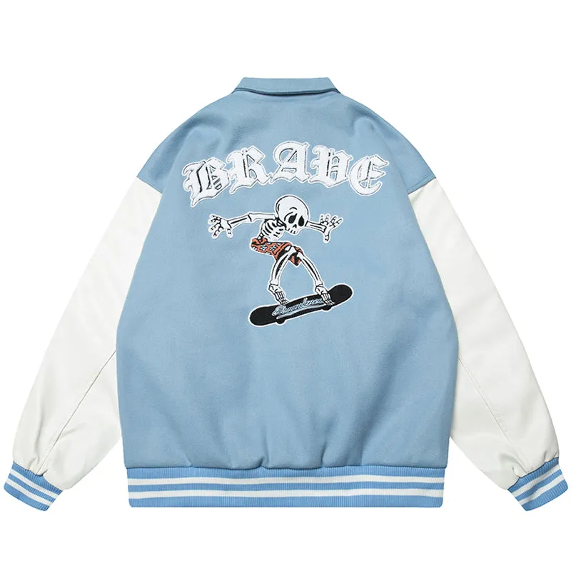 PopFlying Street Style Varsity Jacket Skateboard Skeleton