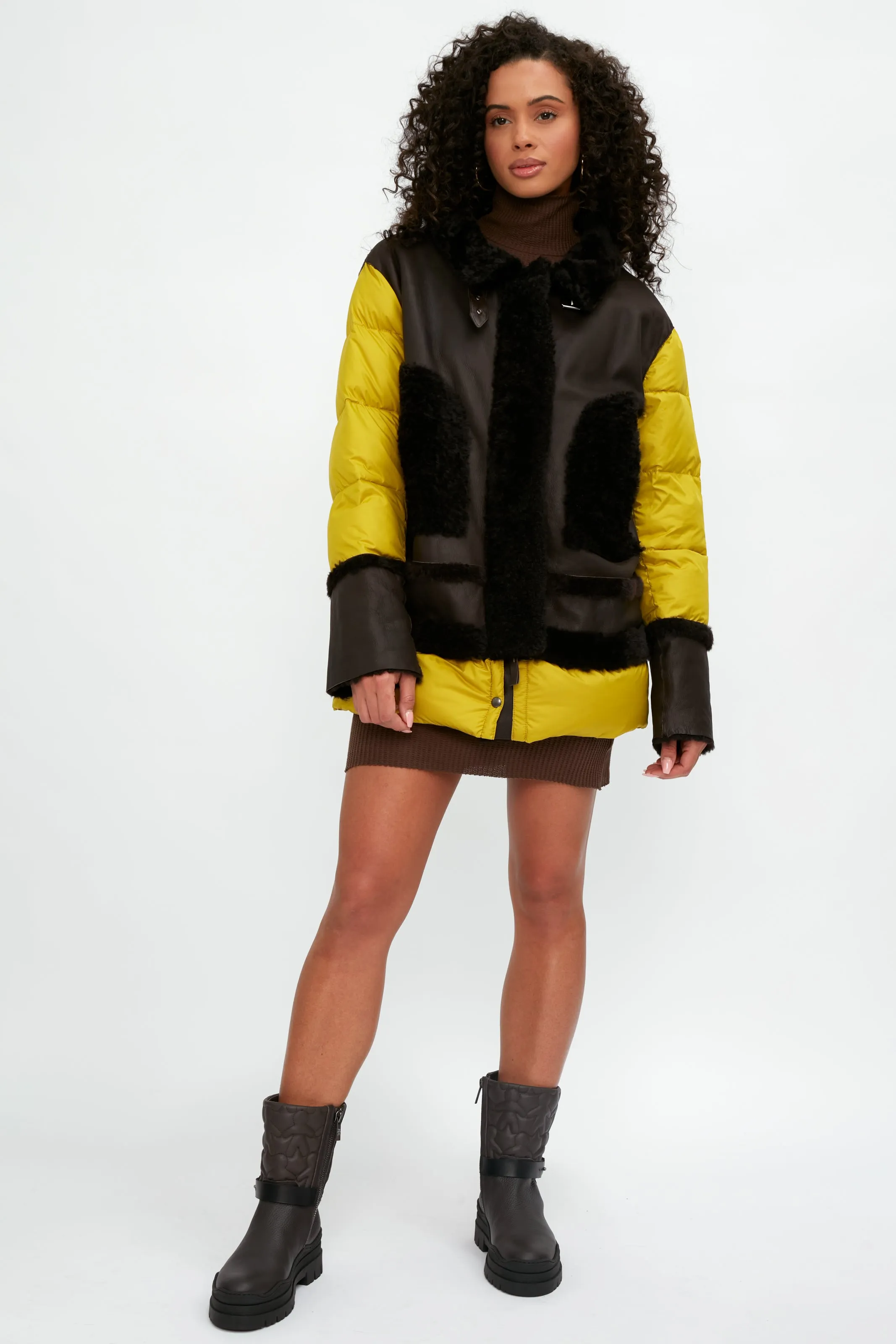 Shearling and Leather Parka Coat in Moro and Curry